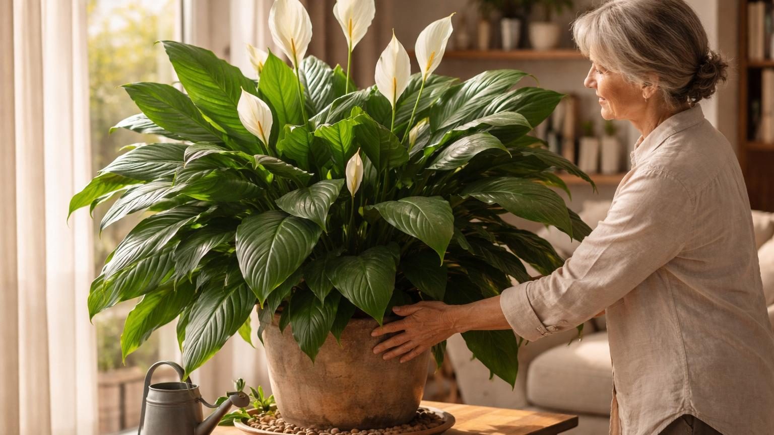 Plante de lys de la paix aux feuilles larges et denses dans un pot blanc, entourée de lumière indirecte dans un intérieur.