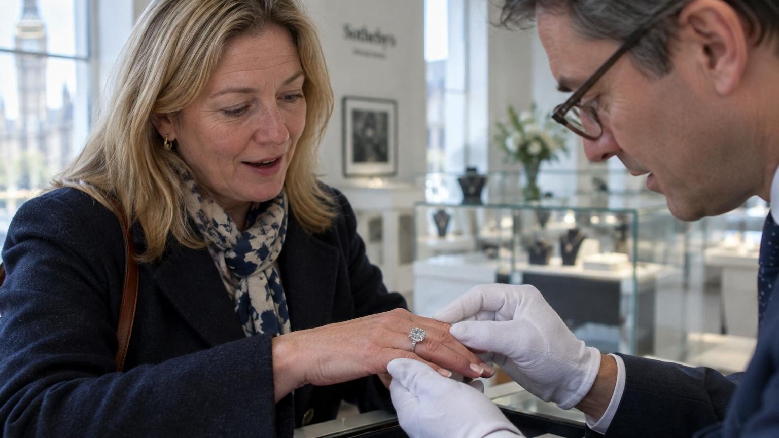 Une grosse bague de style cocktail ring avec un diamant brillant reposant sur une surface, illustrant la découverte exceptionnelle d'une femme britannique en brocante.