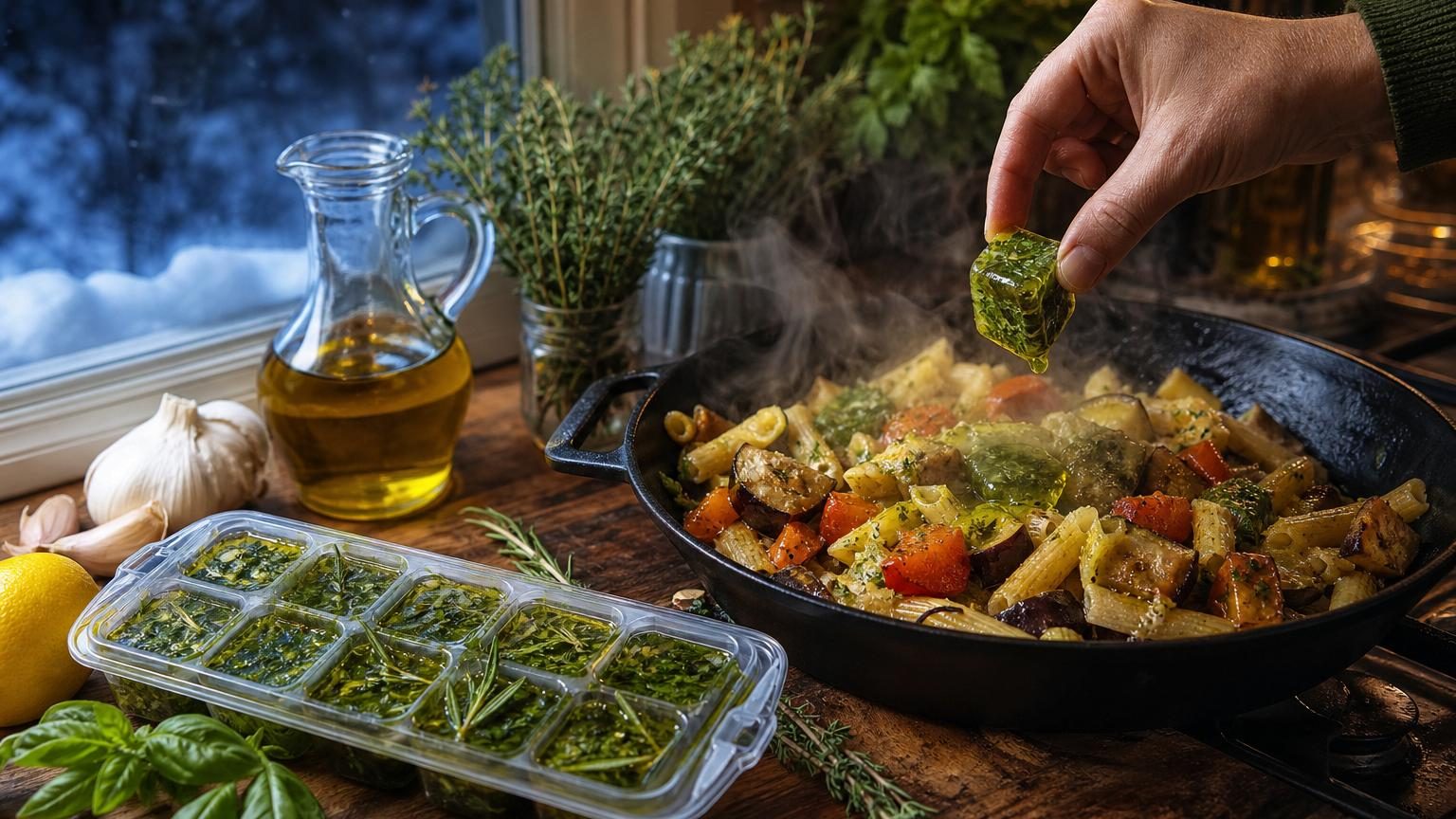 Un bac à glaçons rempli de portions d'herbes hachées baignant dans l'huile d'olive fruitée, prêt pour la congélation
