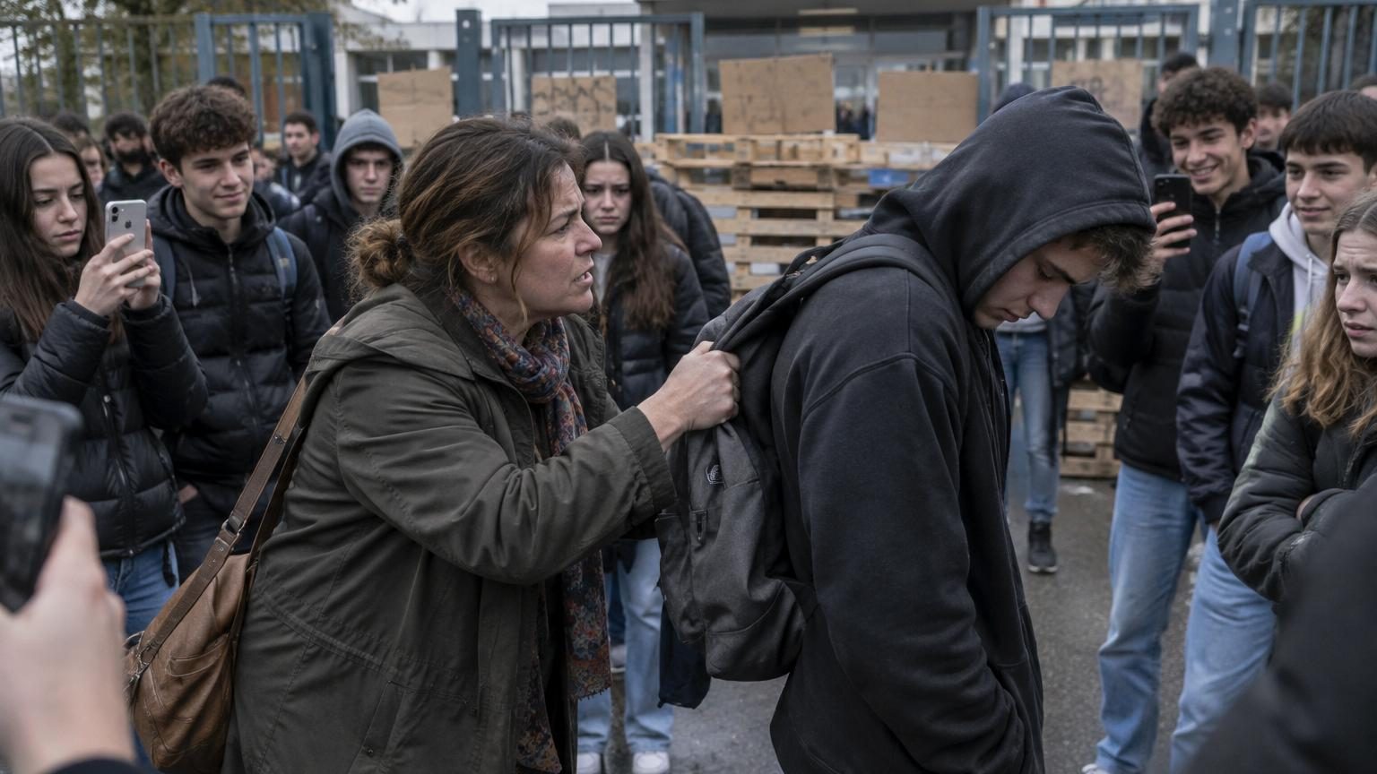 Une femme au manteau froissé sortant d'une voiture face à l'entrée d'un lycée bloqué par des élèves, sous le regard de dizaines de téléphones levés captant la scène.