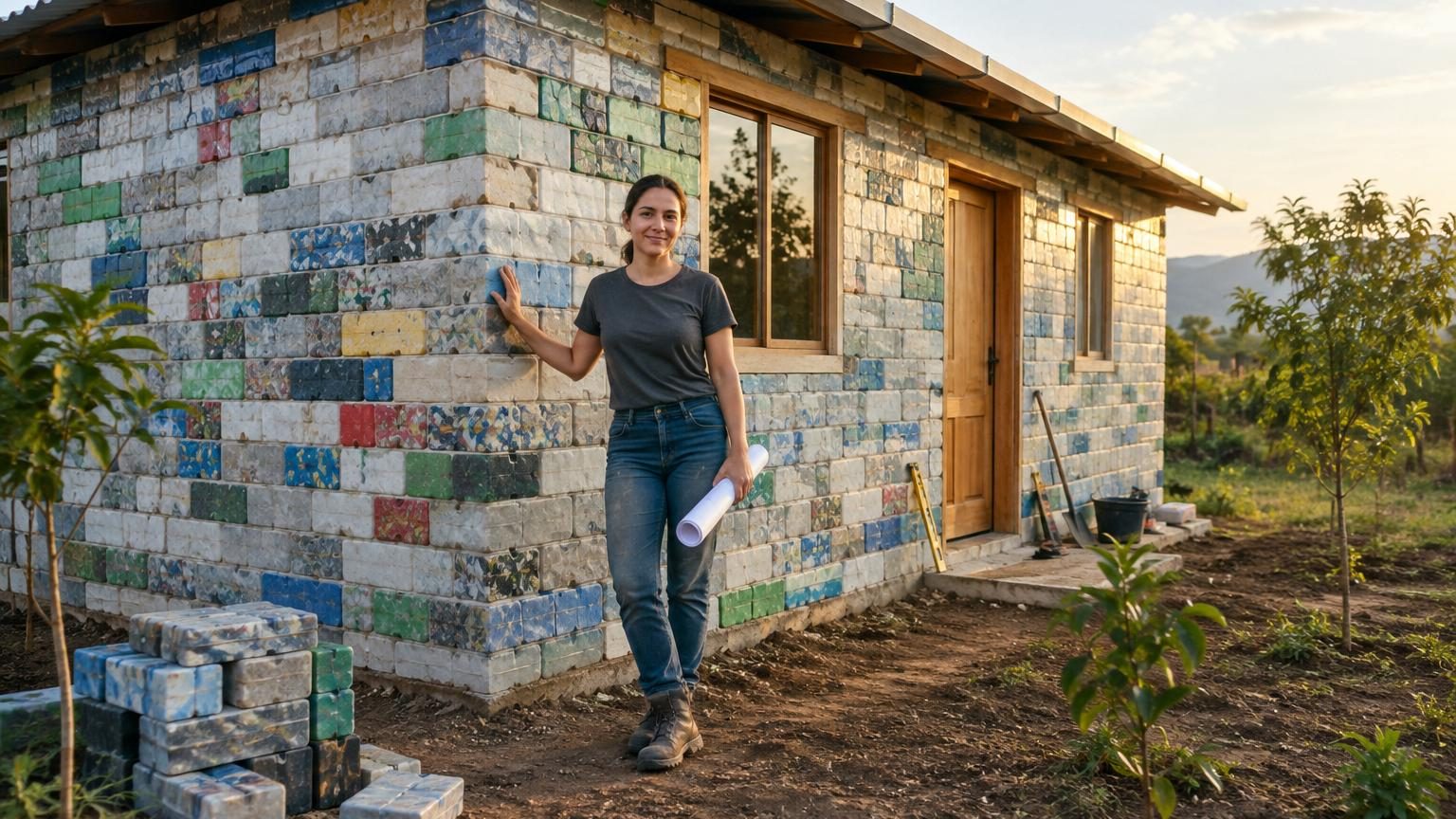 Femme caressant les murs gris tachetés de couleurs vives d'une maison construite en blocs de plastique recyclé, au lever du soleil avec herbe humide et premiers oiseaux du matin