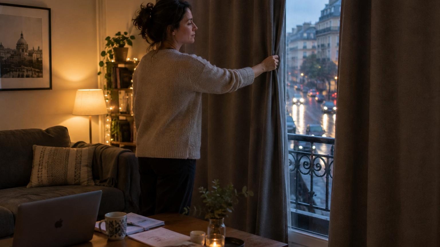Une femme ferme les rideaux de son salon alors que la nuit tombe en hiver, créant une atmosphère douillette à l'intérieur illuminée par une lumière chaude.
