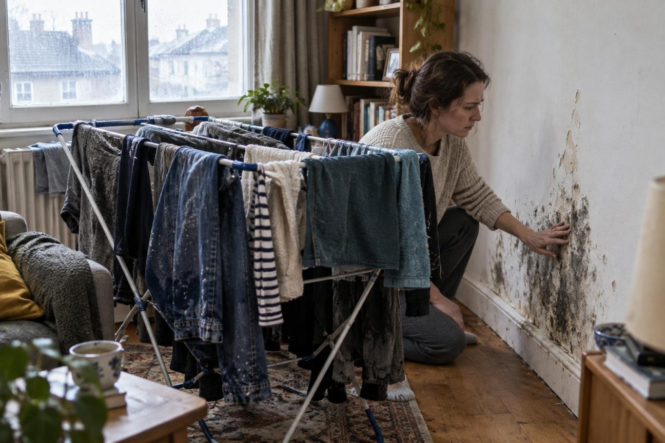 Salon d'appartement avec du linge mouillé étendu sur un séchoir pliable en métal, des vêtements suspendus au-dessus d'un radiateur et près d'une fenêtre fermée, illustrant les conditions qui favorisent l'apparition de moisissures.