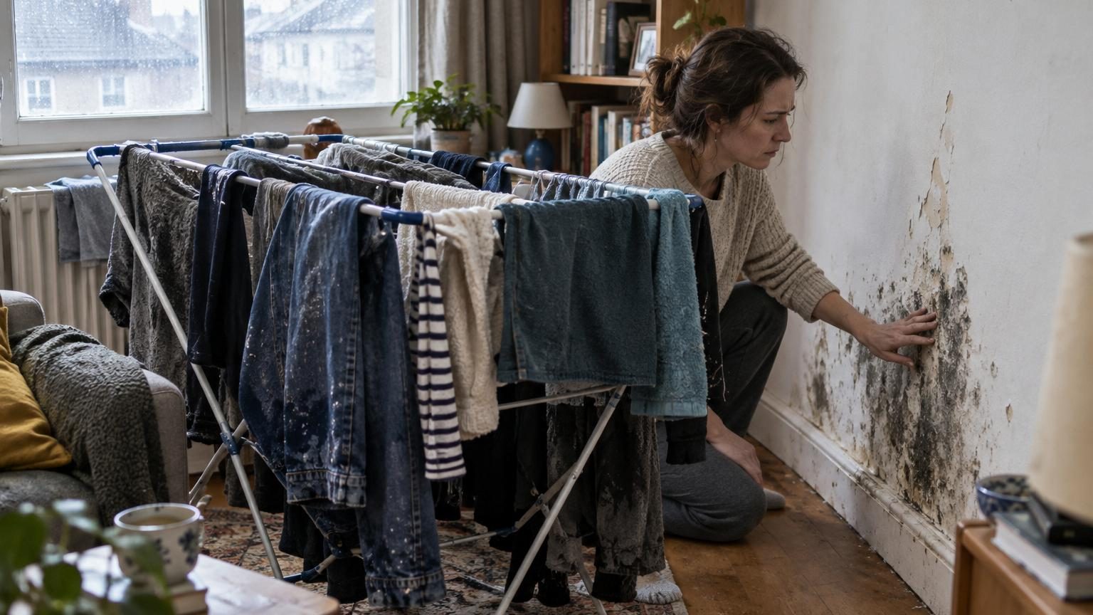 Salon d'appartement avec du linge mouillé étendu sur un séchoir pliable en métal, des vêtements suspendus au-dessus d'un radiateur et près d'une fenêtre fermée, illustrant les conditions qui favorisent l'apparition de moisissures.