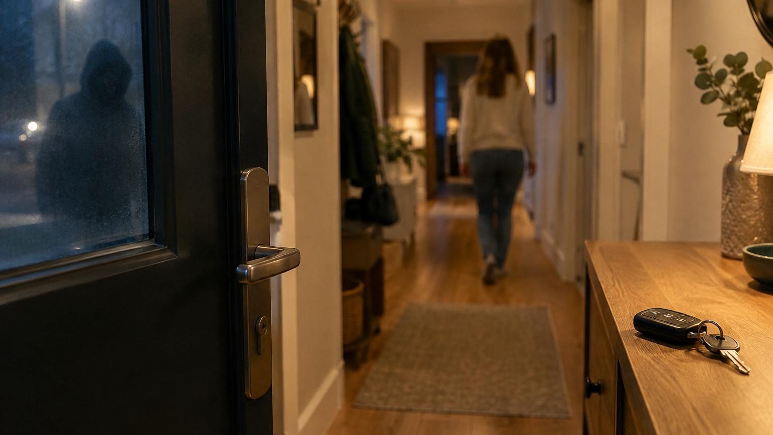 Un trousseau de clés de voiture posé sur un meuble d'entrée près d'une porte, visible depuis l'extérieur à travers une vitre.