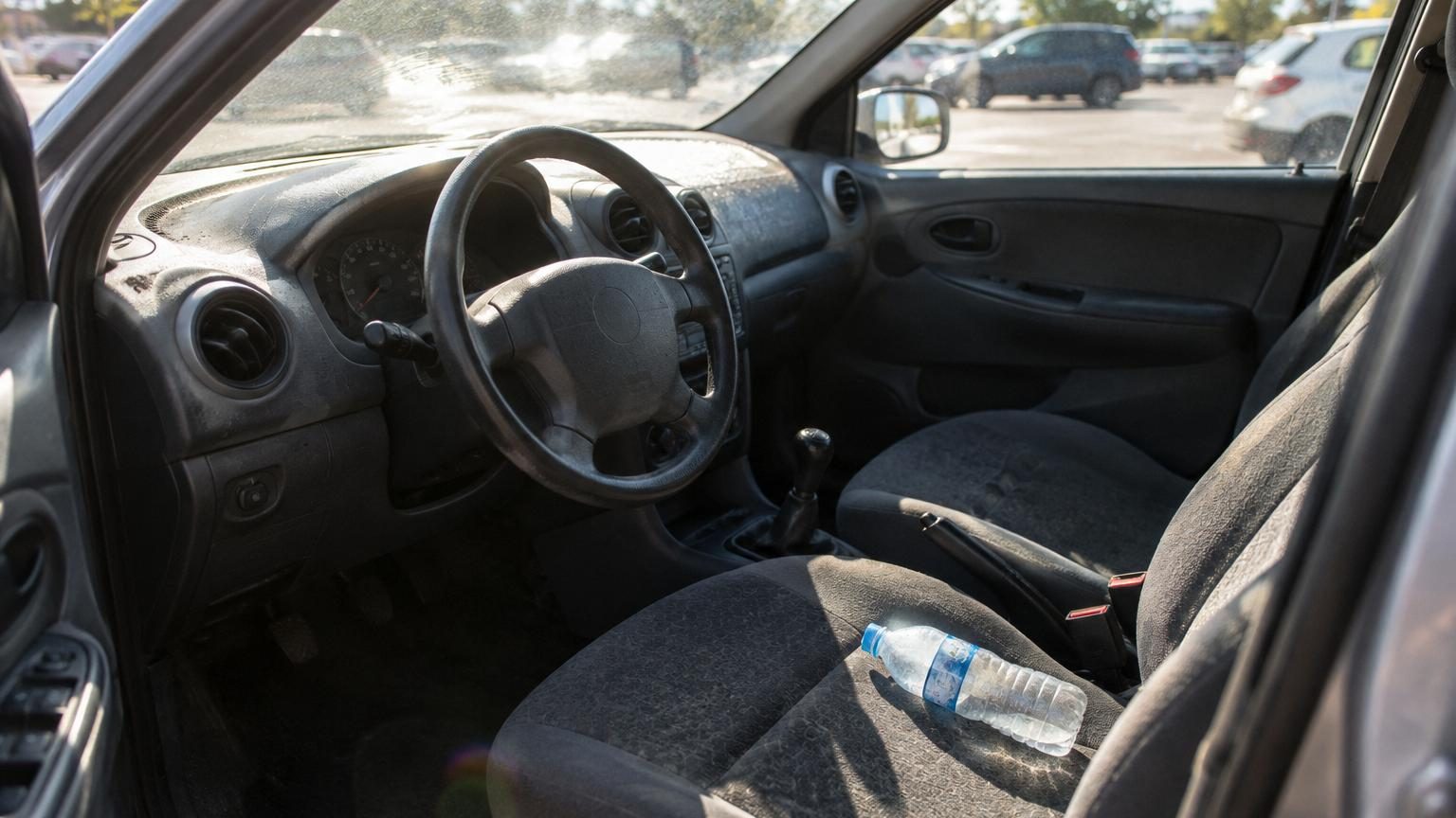 Gros plan sur une bouteille d'eau en plastique transparent posée sur un siège de voiture, avec un habitacle illuminé par la lumière du soleil d'été et le tableau de bord flou en arrière-plan