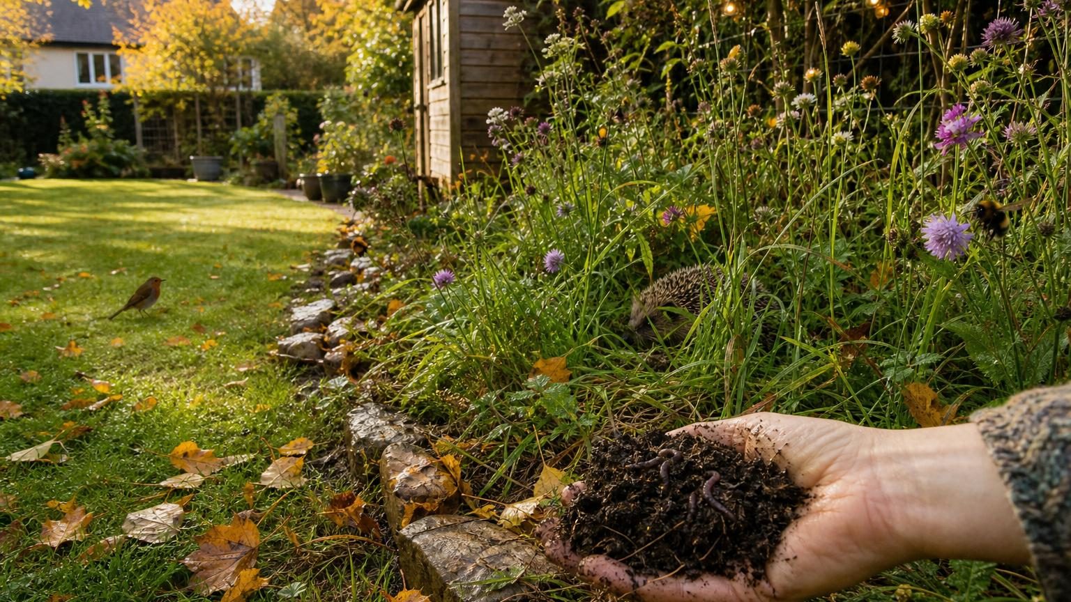 Un carré de pelouse haute et sauvage contrastant avec la pelouse tondue adjacente, avec des herbes, fleurs sauvages et feuilles mortes entrelacées.