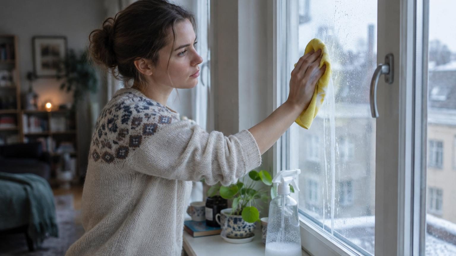 Gros plan sur une vitre de fenêtre avec des gouttes de condensation brillantes et des traces d'humidité visibles en hiver