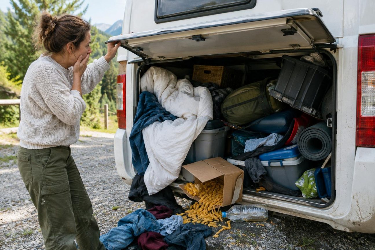 Intérieur d'un coffre de camping-car en désordre avec des vêtements éparpillés, une bouteille renversée, une housse de couette qui pend et un carton ouvert après trois semaines de voyage.