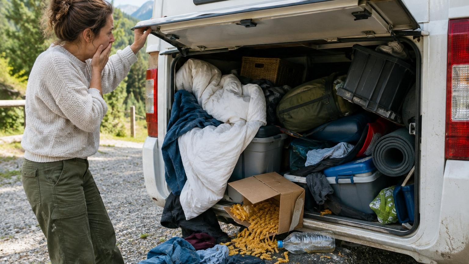 Intérieur d'un coffre de camping-car en désordre avec des vêtements éparpillés, une bouteille renversée, une housse de couette qui pend et un carton ouvert après trois semaines de voyage.