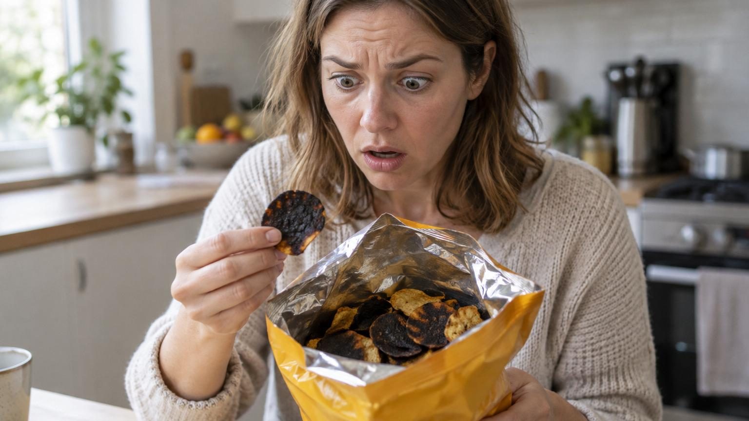 Paquet de chips ouvert avec plusieurs morceaux présentant des taches noires visibles sur leur surface dorée.