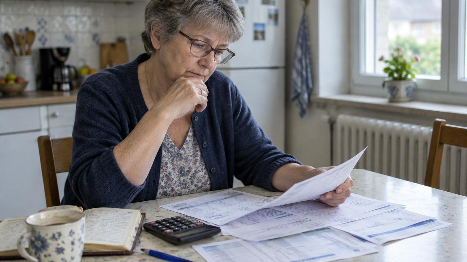 Femme assise à sa table de cuisine en formica, entourée de relevés bancaires, stylo à la main, faisant ses calculs budgétaires de retraite.