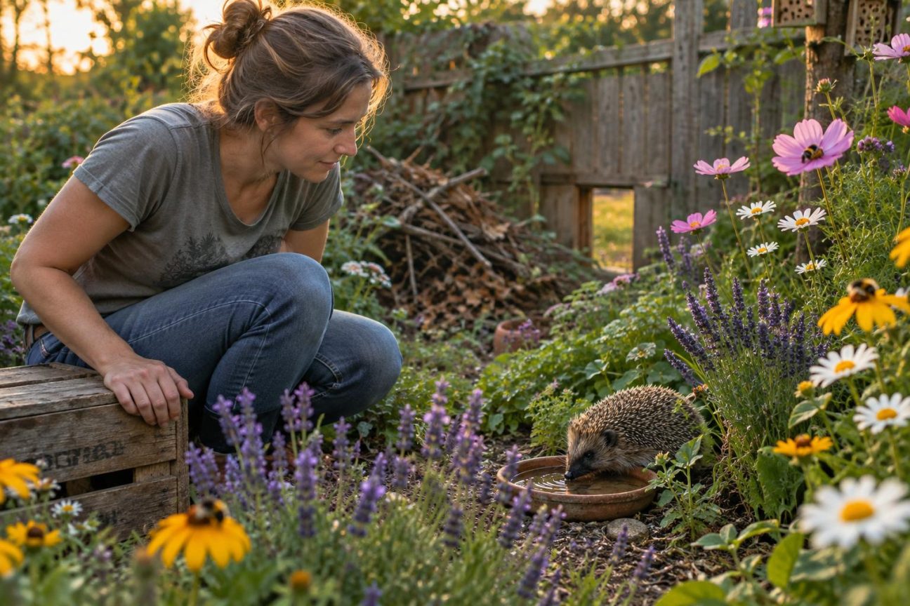 Jardin accueillant avec fleurs colorées en été, herbes hautes, tas de feuilles et un hérisson visible le soir au milieu de la végétation.