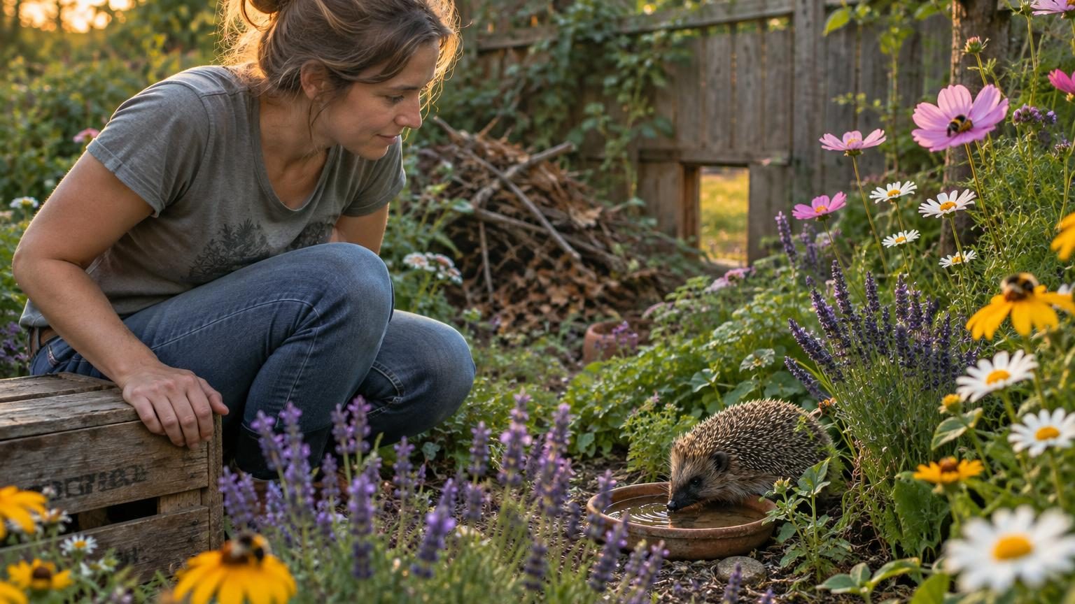 Jardin accueillant avec fleurs colorées en été, herbes hautes, tas de feuilles et un hérisson visible le soir au milieu de la végétation.