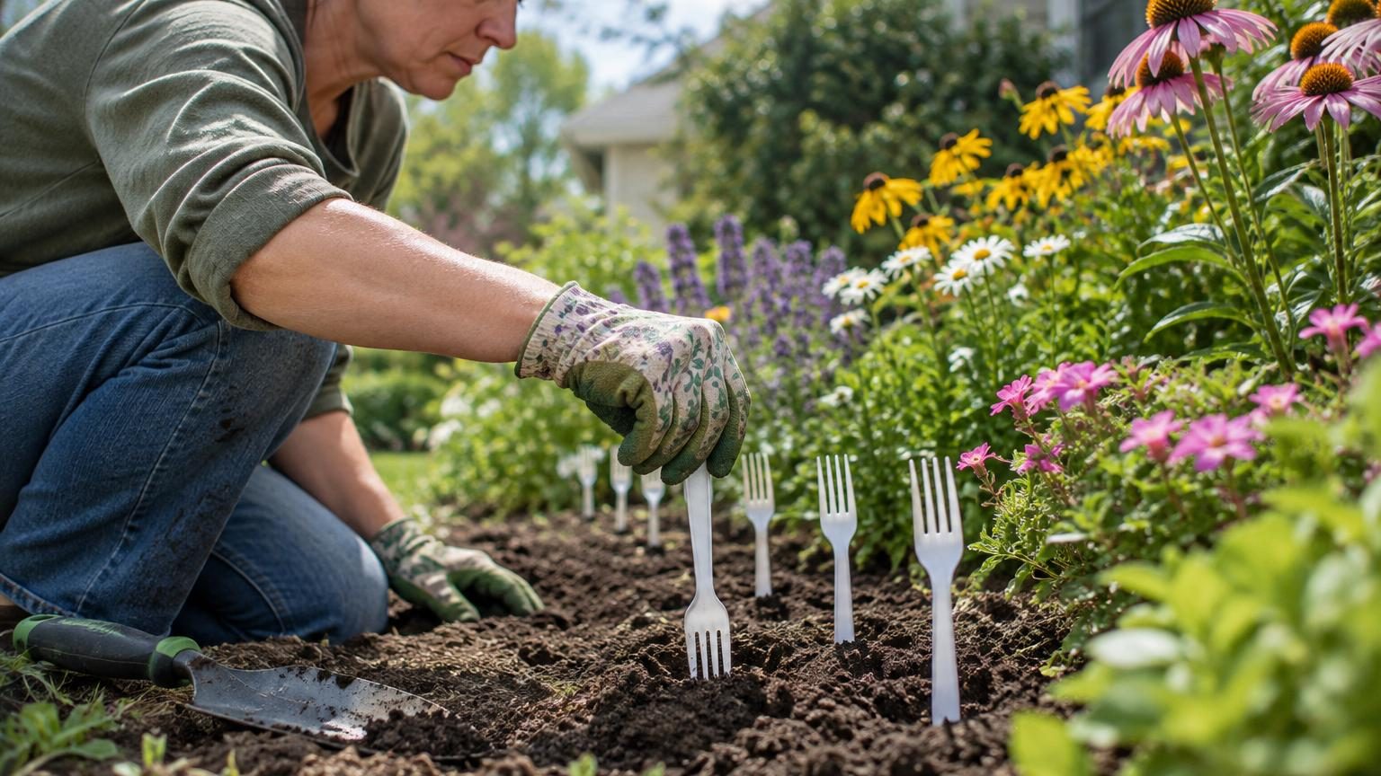Petit carré potager ordonné avec des fourchettes blanches en plastique enfoncées dans la terre autour de jeunes plants de salade, céleri, tournesol et carottes, les dents pointées vers le haut.