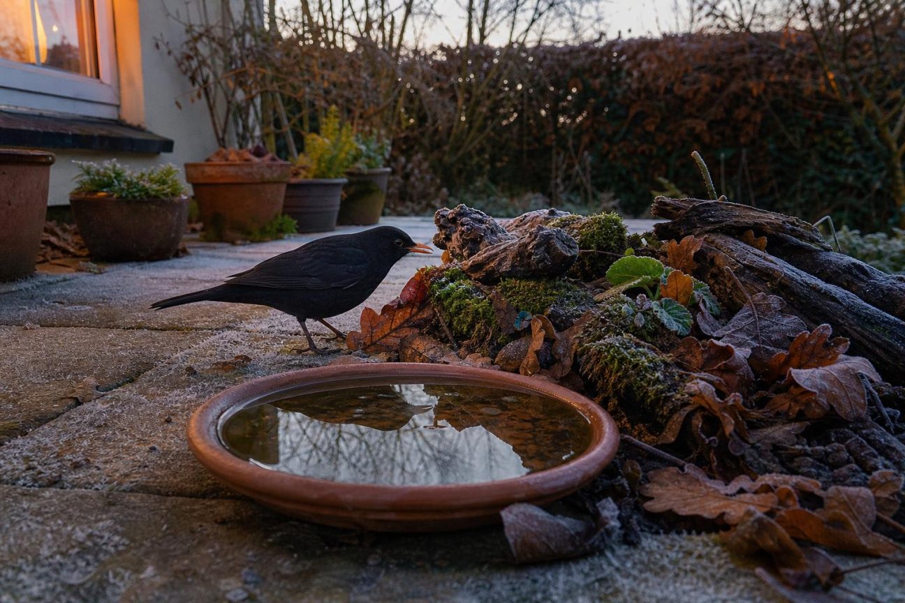 Un merle noir posé au sol inspect un tas de bois mort et des branches, avec une coupelle d'eau à proximité sur une terrasse en novembre