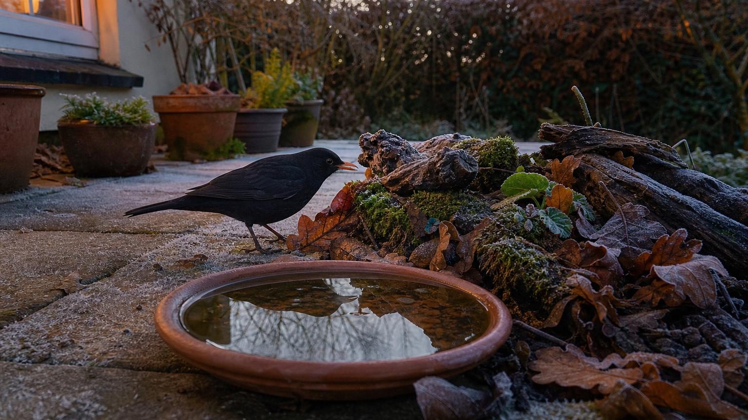 Elle pose une coupelle d’eau et un tas de bois mort en novembre : au bout de 6 semaines, le même merle revient au même endroit chaque matin