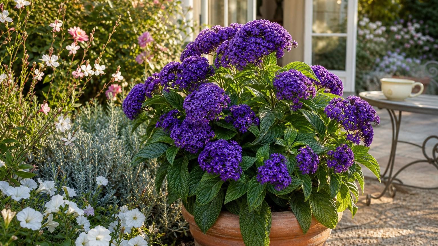 Grappes de petites fleurs violettes ou mauves denses de l'héliotrope en pot, dégageant une senteur douce de vanille.
