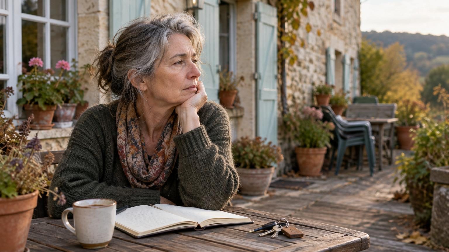 Femme d'âge mûr assise sur la terrasse d'une maison de campagne, souriante mais songeuse, entourée de pots de peinture et de projets inachevés, reflétant la bittersweet réalité d'une retraite surplanifiée.