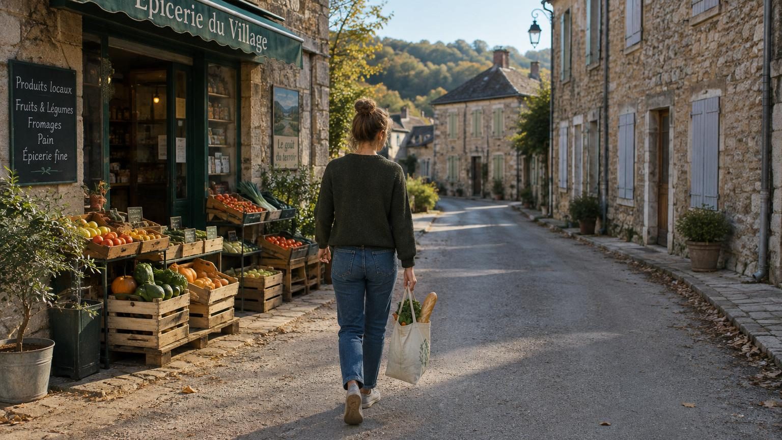 Jeune femme devant une petite épicerie rurale avec un panier de provisions, maisons et champs visibles en arrière-plan, illustrant une vie simple et frugale à la campagne.