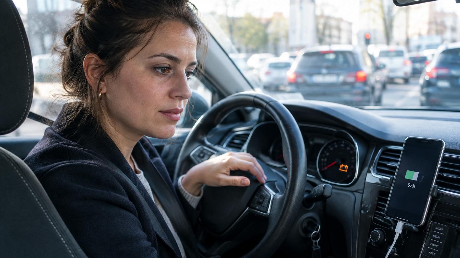 Intérieur d'une voiture avec un câble USB branché près du levier de vitesse, montrant un téléphone en cours de recharge sur la prise allume-cigare