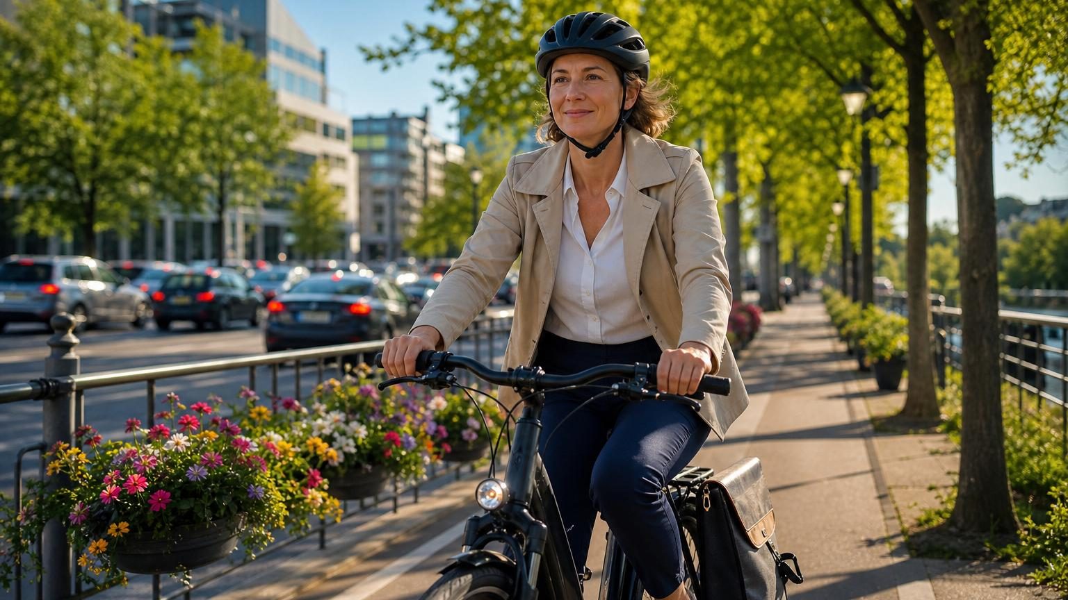 Femme d'une quarantaine d'années pédalant sur un vélo urbain par une journée ensoleillée, arrivant détendue et confiante à son lieu de travail.