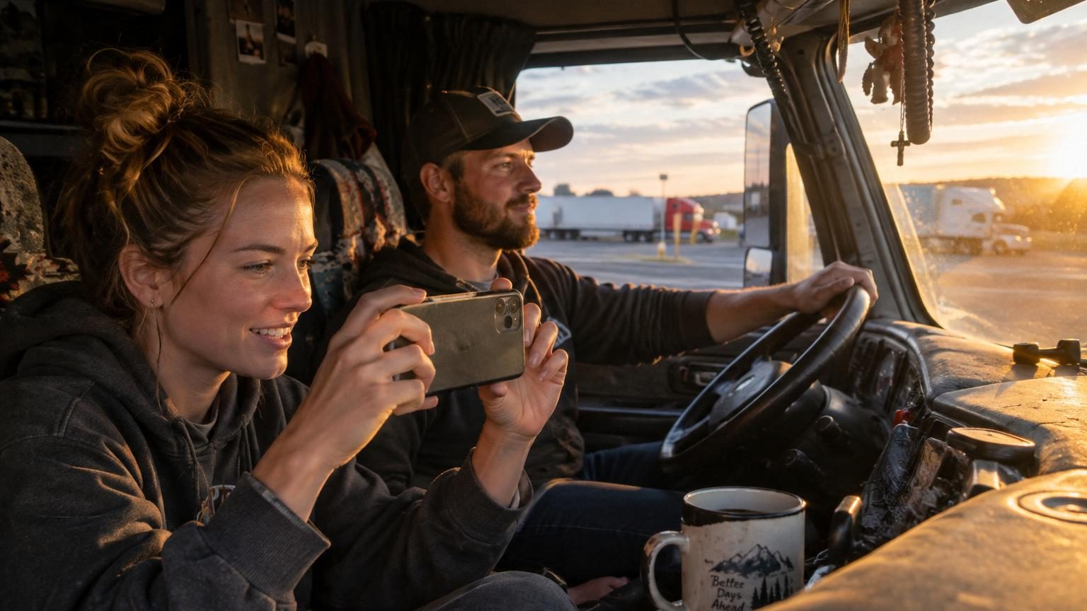 Un couple installé dans la cabine spacieuse d'un camion Peterbilt blanc, entourés de rangements organisés, d'une kitchenette compacte et de touches décoratives créant une ambiance d'appartement mobile.