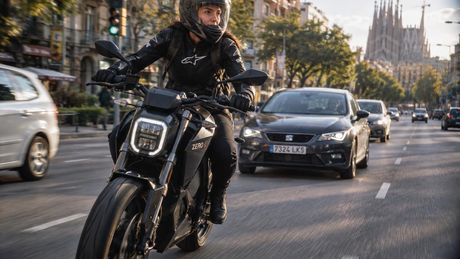 Moto électrique Zero S 2026 de profil en milieu urbain, carrosserie noire minimaliste, devant des façades urbaines méditerranéennes.