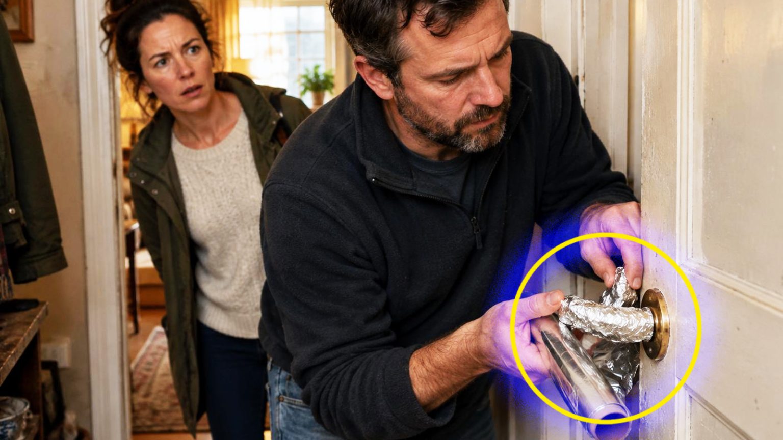 Un rouleau de papier aluminium enroulé autour d'une poignée de porte, montrant la technique d'emballage avec les bords froissés pour une meilleure adhérence.
