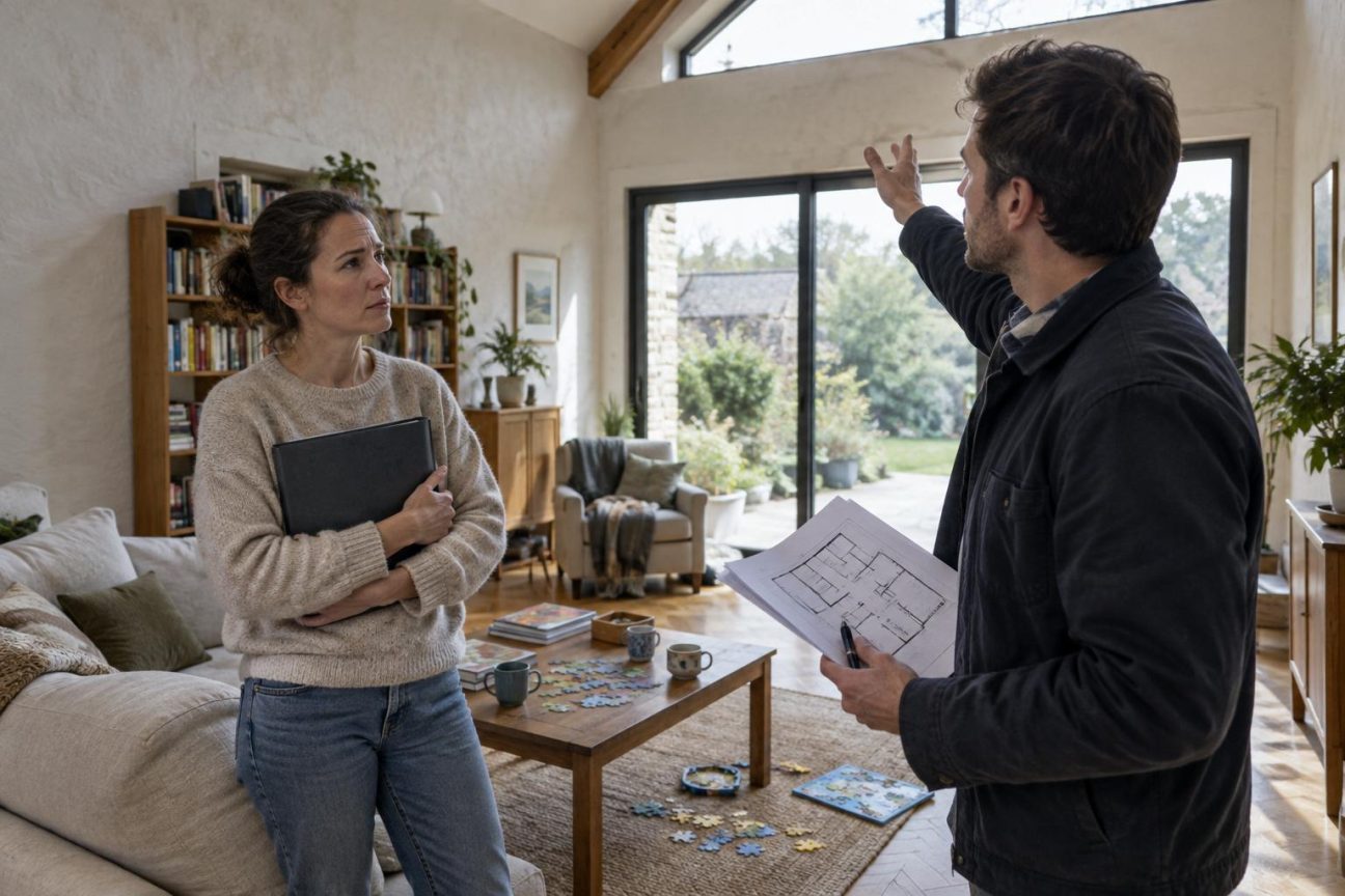 Ancienne dépendance rénovée en pièce de vie lumineuse avec baie vitrée, parquet, bibliothèque et mobilier clair, symbole d'une transformation réussie mais administrativement risquée