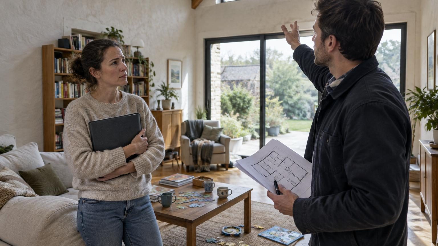 Ancienne dépendance rénovée en pièce de vie lumineuse avec baie vitrée, parquet, bibliothèque et mobilier clair, symbole d'une transformation réussie mais administrativement risquée