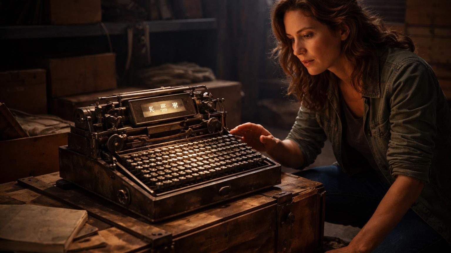 Machine à écrire MingKwai vue de trois quarts, avec son clavier de 72 touches et sa petite fenêtre d'affichage « Magic Eye » intégrée, conservée dans une caisse en bois historique.