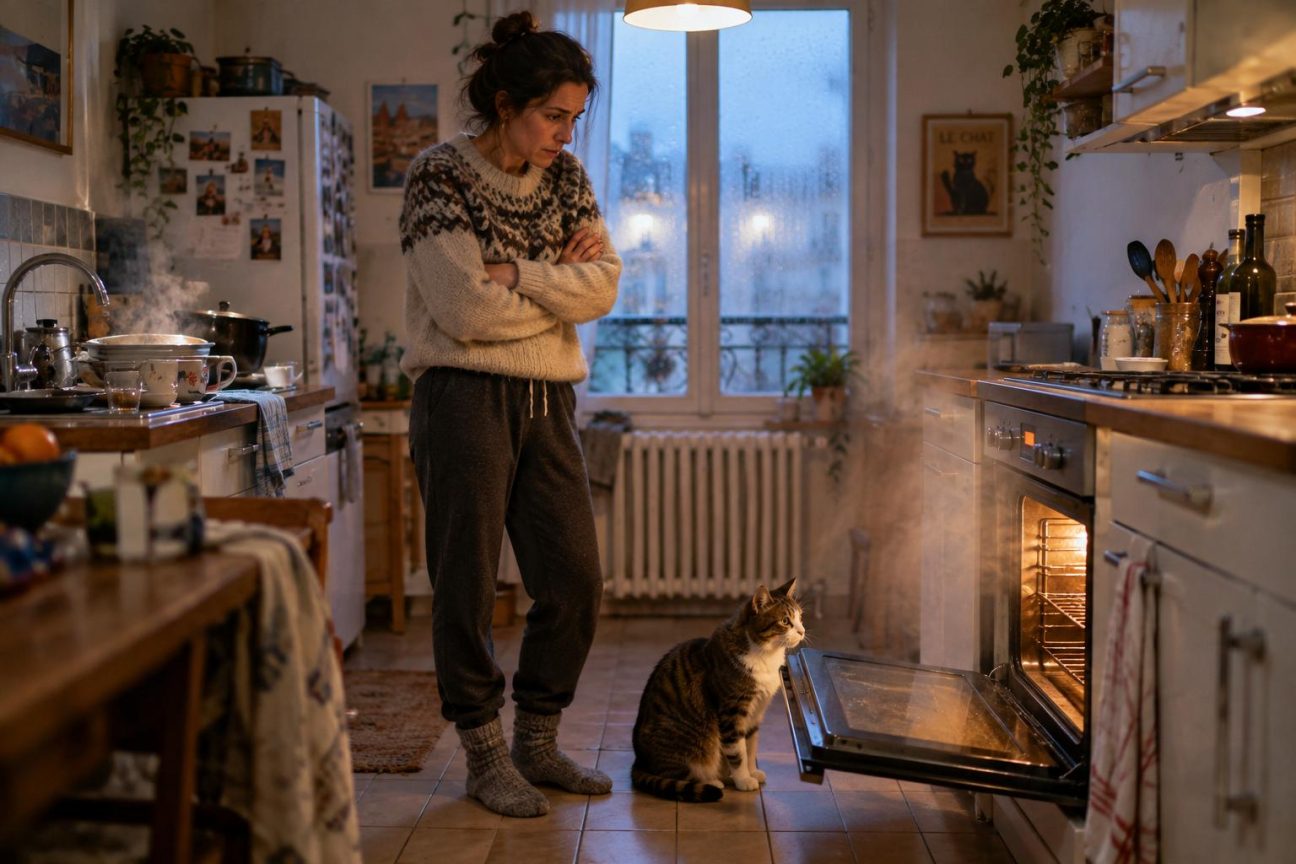 Une main ouvre la porte d'un four chaud dégageant de la vapeur dans une cuisine froide, tandis qu'un chat se rapproche de la chaleur.