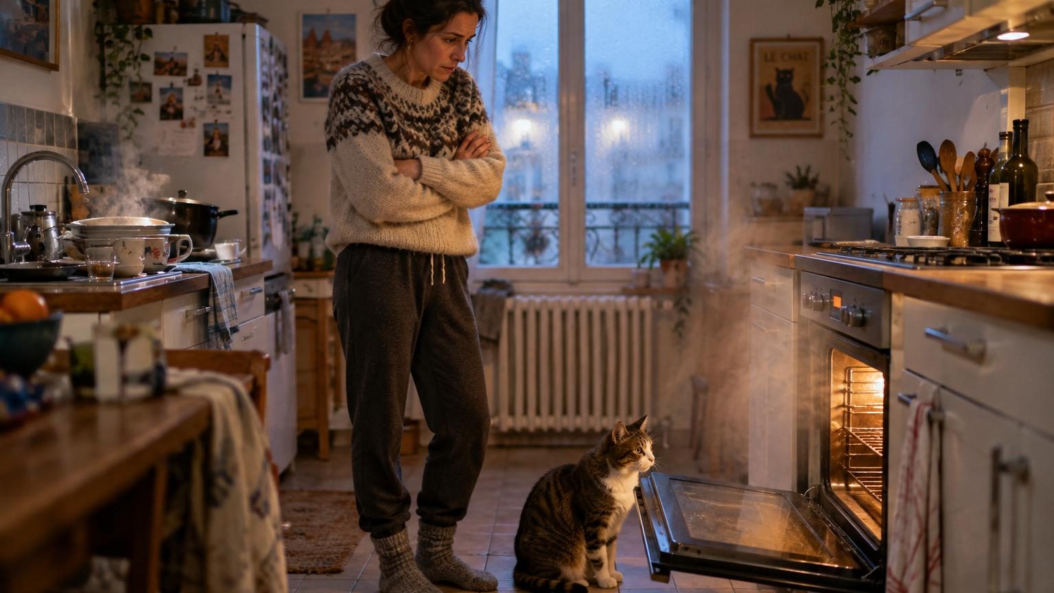 Une main ouvre la porte d'un four chaud dégageant de la vapeur dans une cuisine froide, tandis qu'un chat se rapproche de la chaleur.