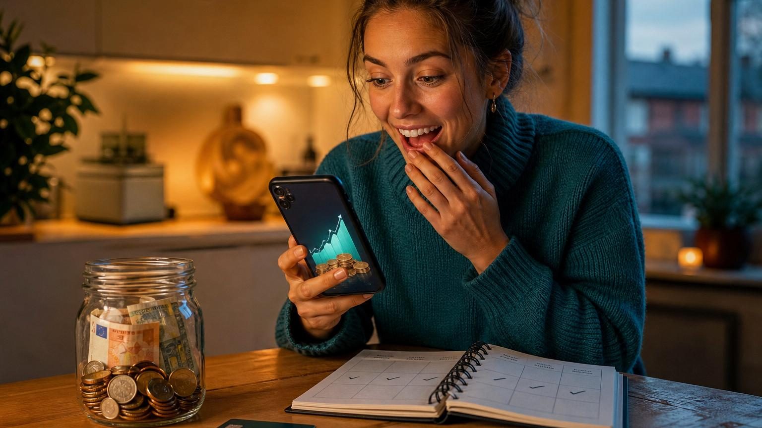 Une personne consultant l'application bancaire de son téléphone, avec un sourire de satisfaction en découvrant son solde d'épargne accumulé après un an de virements réguliers.