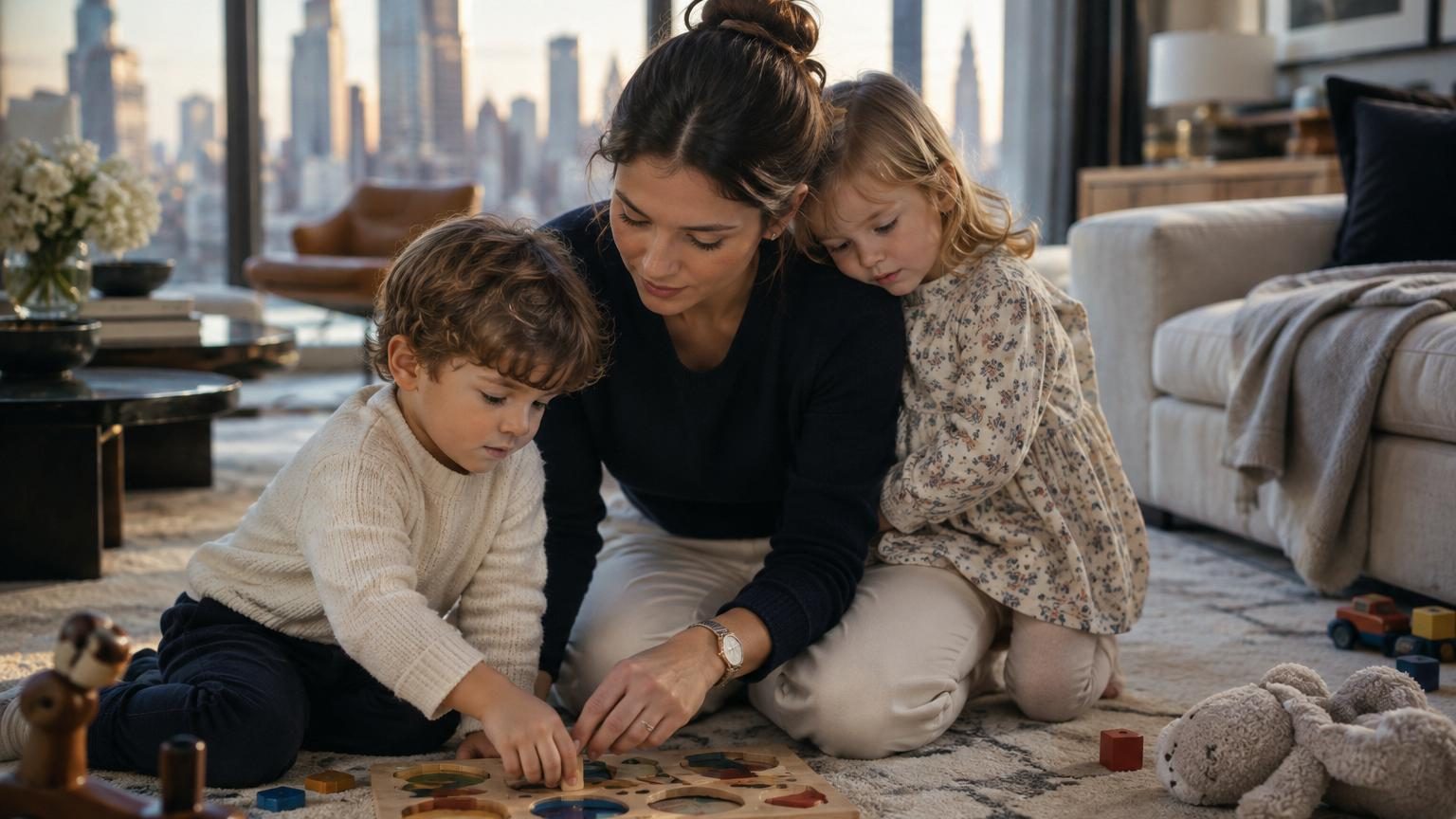 Une nounou aux cheveux auburn vêtue d'une robe formelle noire et blanche supervise trois enfants en tenue élégante dans un intérieur luxueux et lumineux.