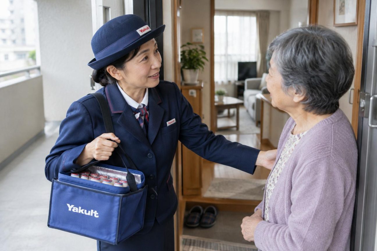 Femme en uniforme bleu marine et chapeau, livrant une bouteille de yaourt à la porte d'une maison japonaise, scène représentant une Yakult Lady lors de sa tournée auprès d'une personne âgée.