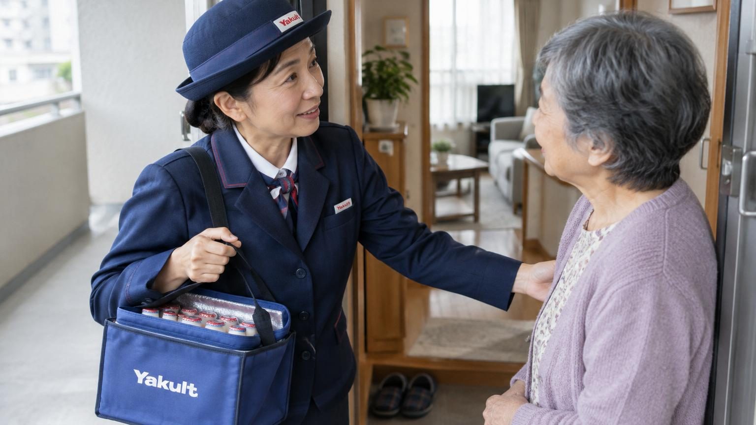 Femme en uniforme bleu marine et chapeau, livrant une bouteille de yaourt à la porte d'une maison japonaise, scène représentant une Yakult Lady lors de sa tournée auprès d'une personne âgée.