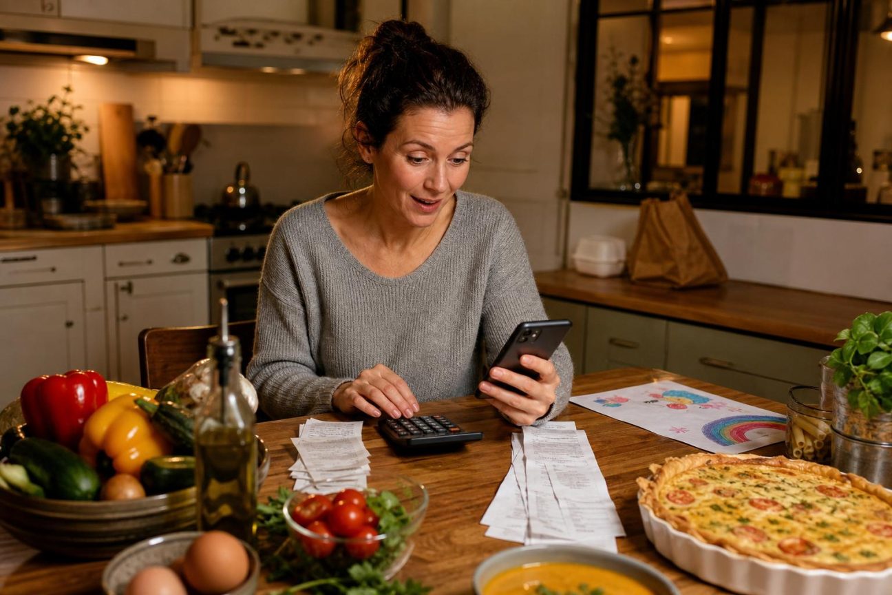 Une femme adulte range des courses dans son réfrigérateur ouvert, dans une cuisine lumineuse, avec des tickets et des produits frais visibles autour d'elle.