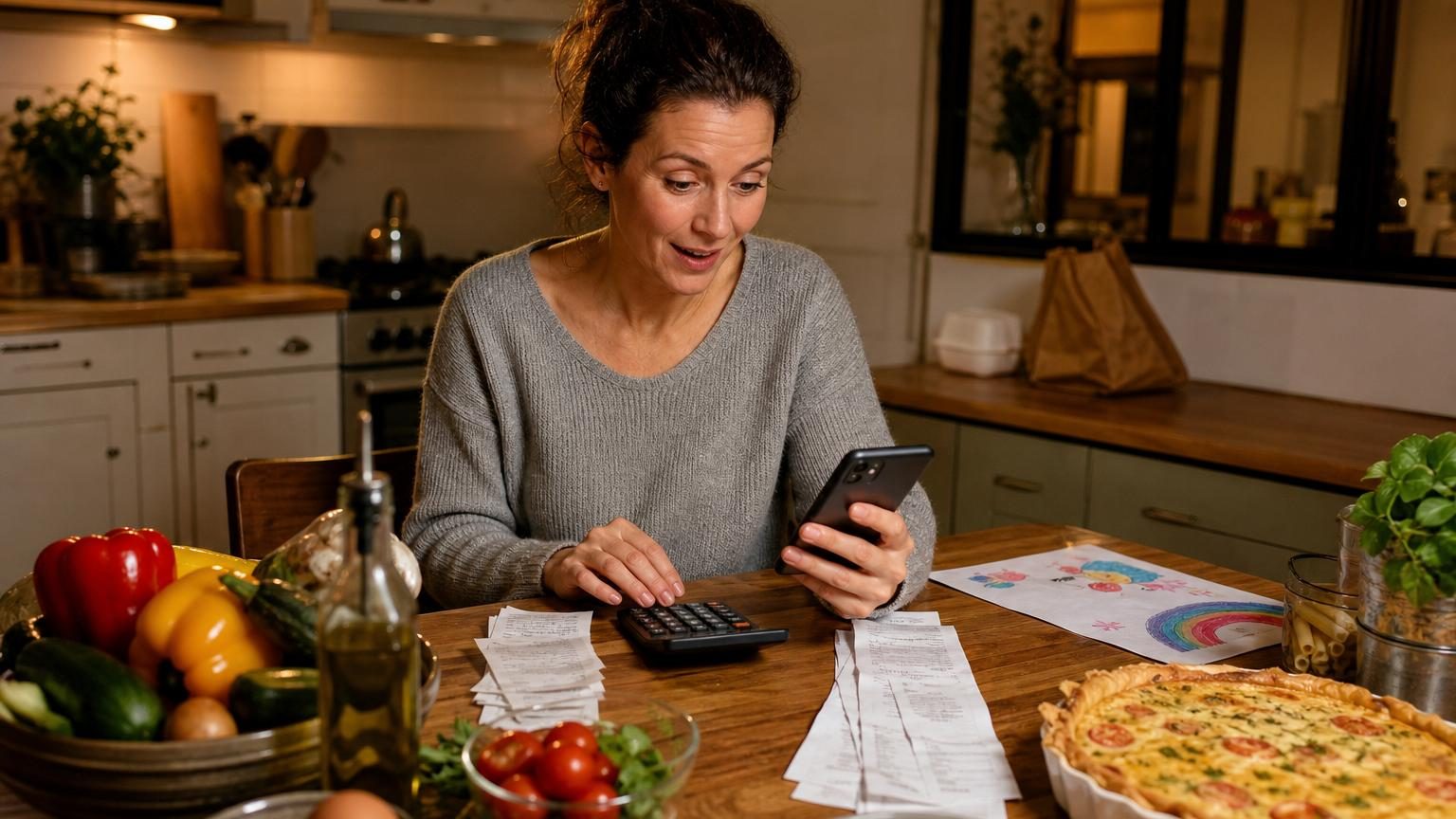 Une femme adulte range des courses dans son réfrigérateur ouvert, dans une cuisine lumineuse, avec des tickets et des produits frais visibles autour d'elle.