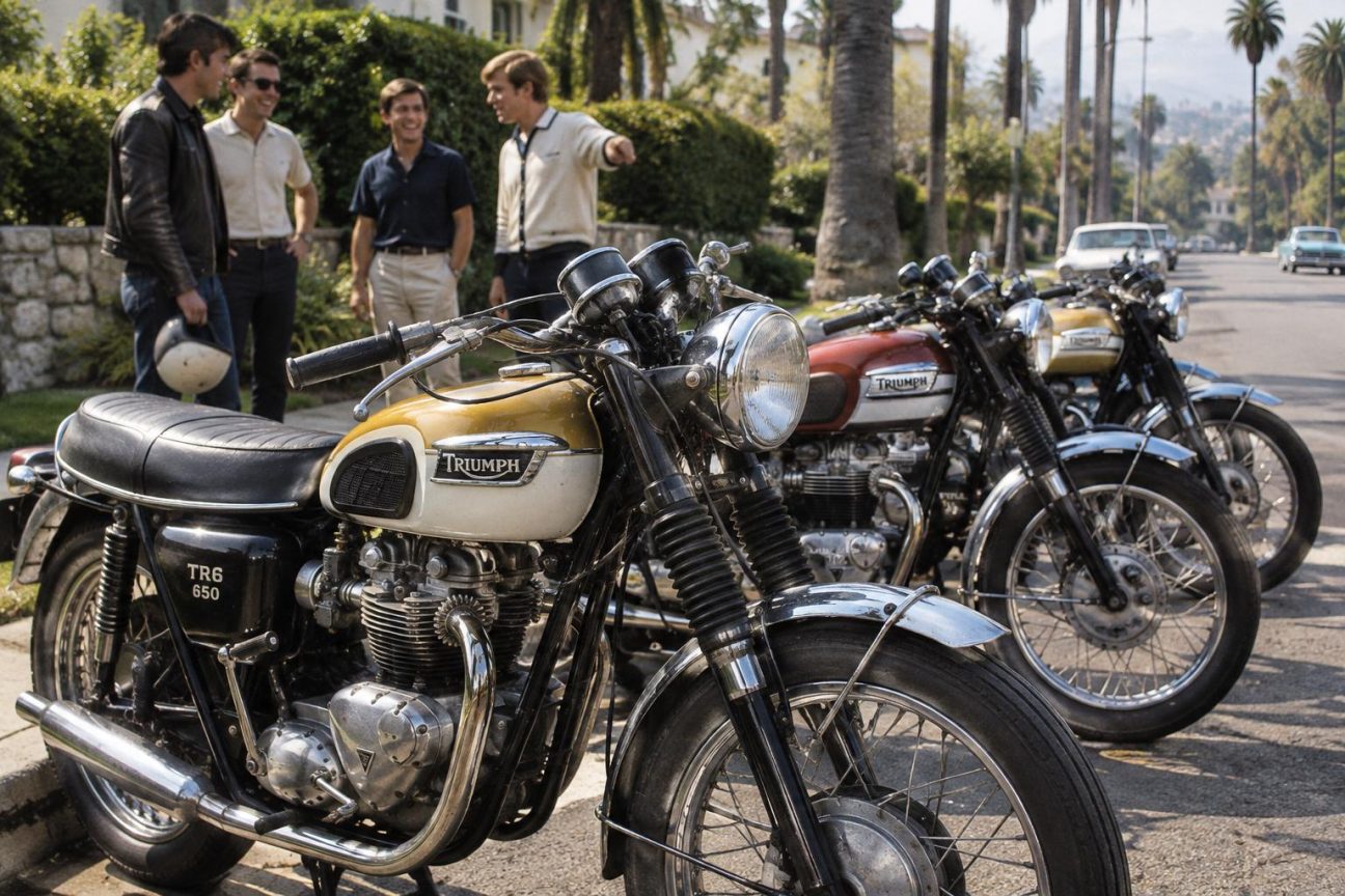 Elvis Presley en tenue de motard sur l'une des neuf Triumph Bonneville T120 et TR6, années 1960, dans l'atmosphère dynamique et luxueuse de Bel Air, Californie.