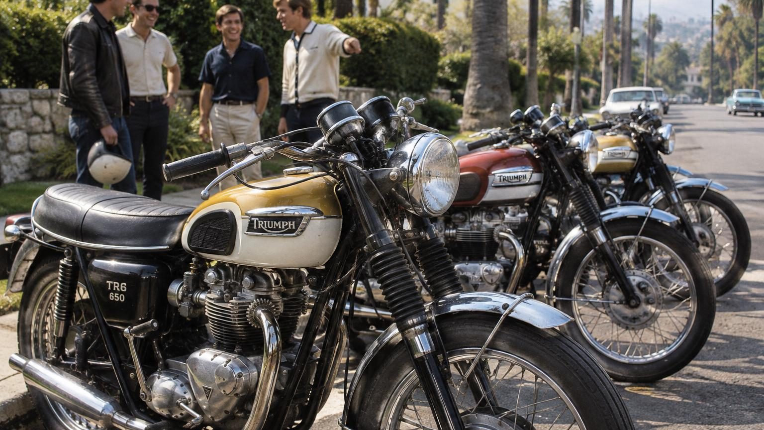 Elvis Presley en tenue de motard sur l'une des neuf Triumph Bonneville T120 et TR6, années 1960, dans l'atmosphère dynamique et luxueuse de Bel Air, Californie.