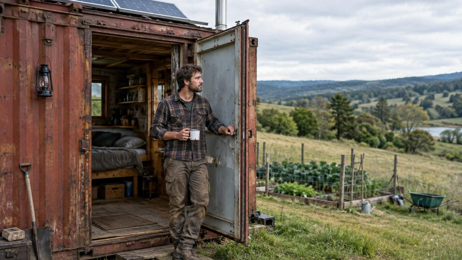 Jeune homme de 28 ans debout devant un conteneur maritime transformé en habitation minimaliste, entouré de verdure et de champs agricoles, tenant une tasse de café