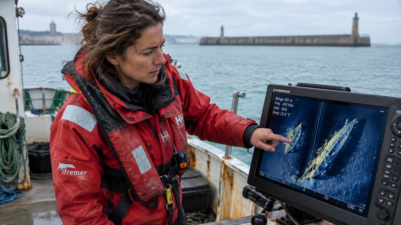 Illustration historique montrant des cônes de bois géants en cours de submersion en pleine mer, avec des navires et des marins affairés autour, symbolisant le défi logistique du XVIIIe siècle à Cherbourg.