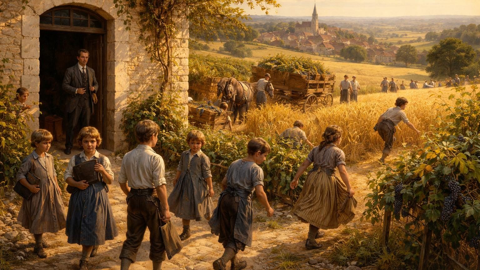 Enfants dans un champ de blé ou une vigne durant la moisson, symbolisant le lien historique entre calendrier scolaire et travaux agricoles en France.