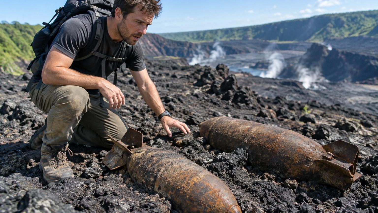 Deux cylindres métalliques enfouis partiellement dans la roche volcanique noire du Mauna Loa, restés intacts après près de 90 ans