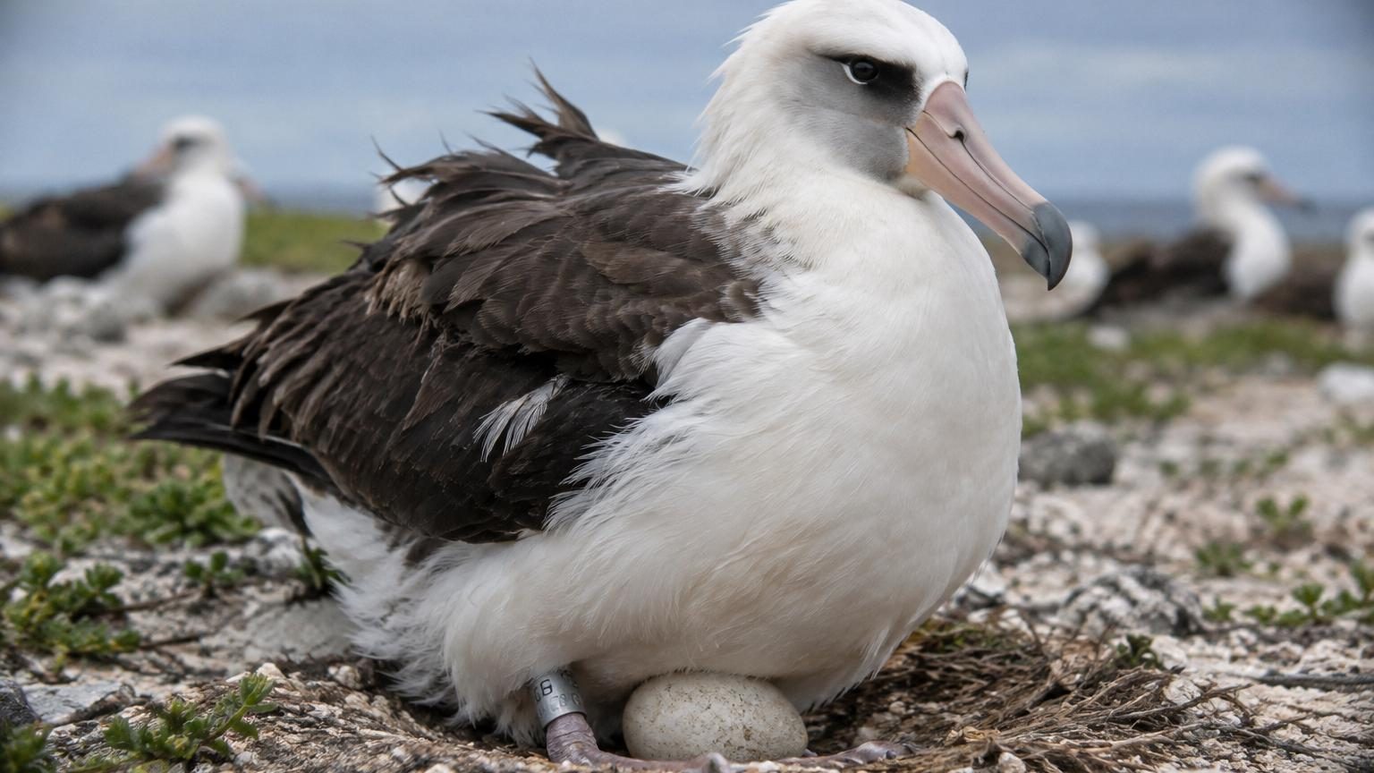 Albatros blanc et noir au nid sur une île du Pacifique, les ailes repliées, attendant son partenaire avec dignité après 70 ans de vie.