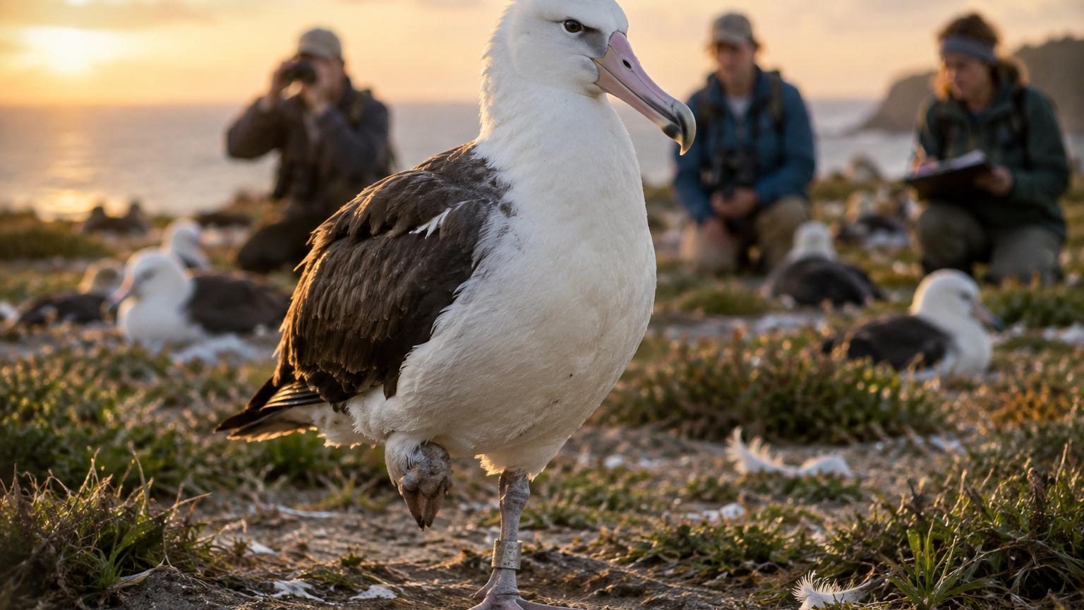 Un albatros blanc et gris se pose lourdement au milieu d'une colonie bruyante sur une île rocheuse du Pacifique, une fine bague métallique visible sur sa patte.