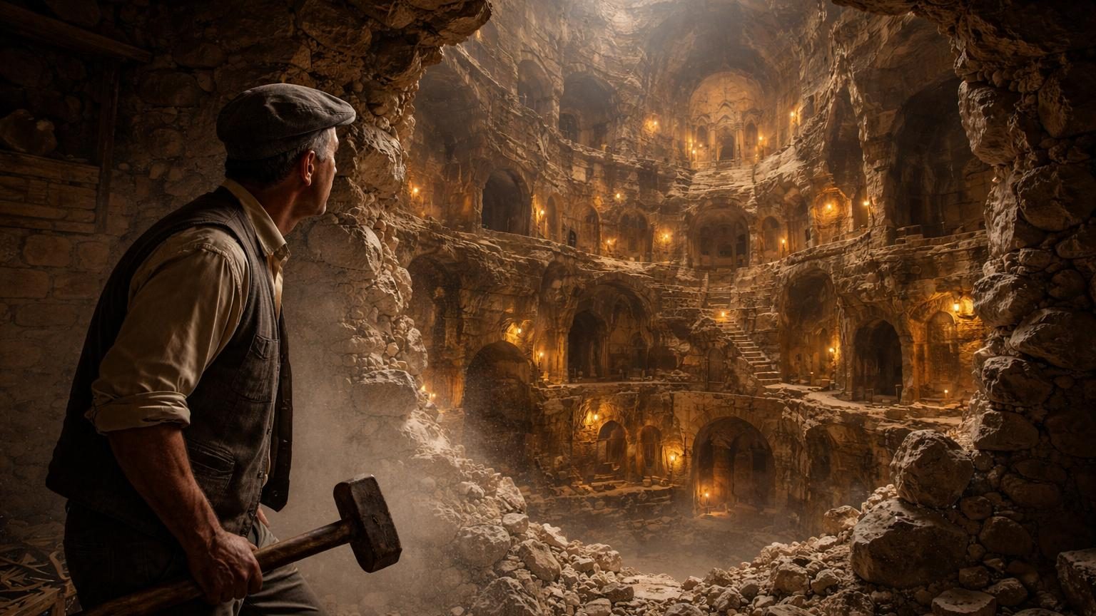 Coupe schématique d'une cité souterraine souterraine sur 18 niveaux dans la roche volcanique, avec galeries étroites, escaliers, salles de stockage et passages défensifs descendant sur 85 mètres de profondeur.