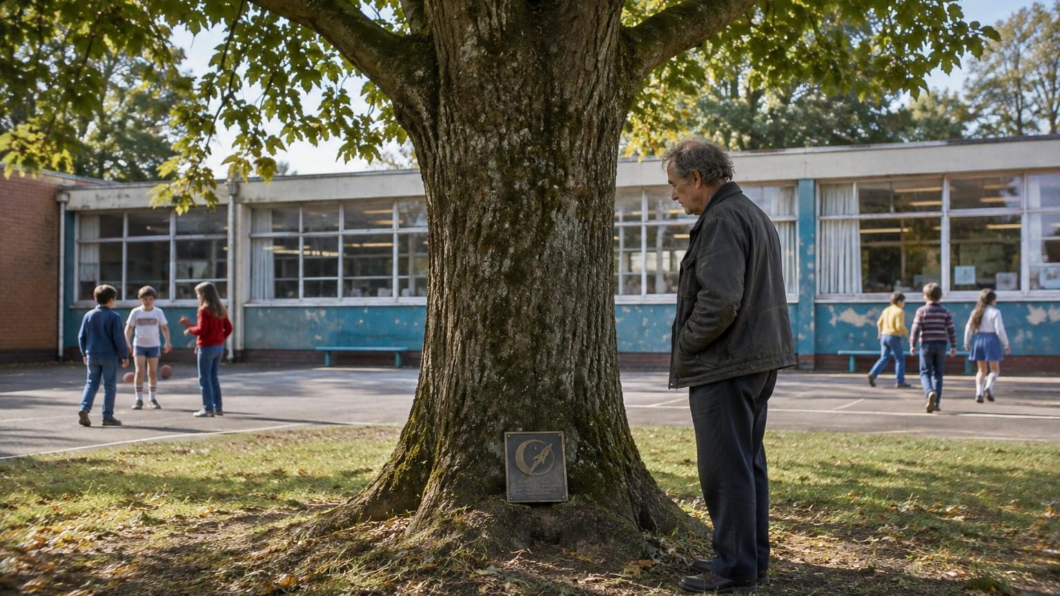 Un arbre robuste dans une cour d'école avec une petite plaque métallique gravée sur son tronc, un enfant le touchant avec curiosité tandis qu'un adulte observe la plaque partiellement effacée.